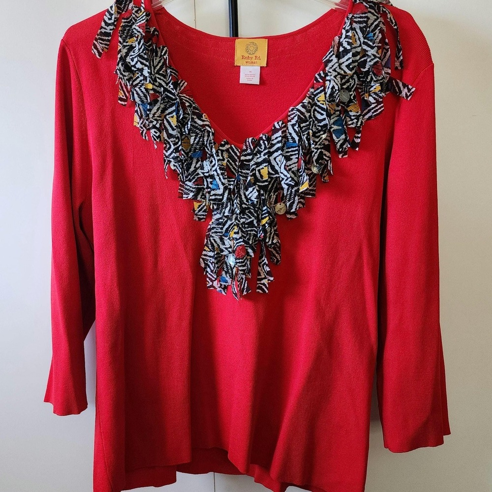 1X red blouse with multicolored fringe collar by Ruby Rd. woman